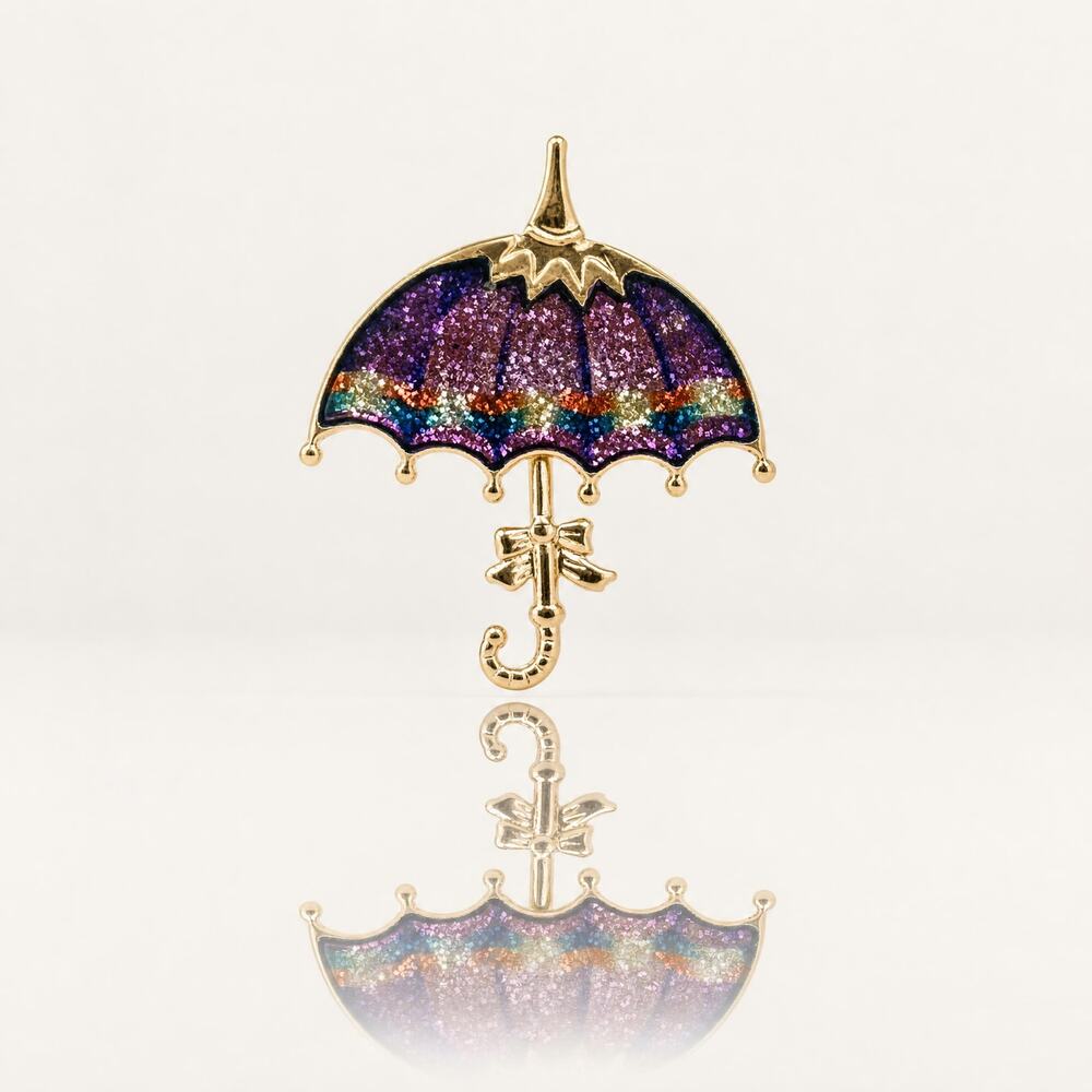 Vintage Glitter Enamel Umbrella Brooch | Gold Tone Purple & Blue Parasol Pin
